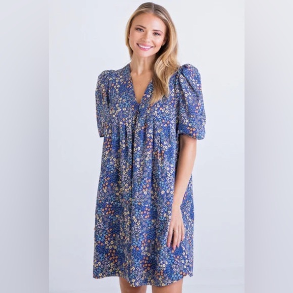 Karlie Multi Floral Puff Short Sleeve Mini Dress Small - Picture 1 of 6
